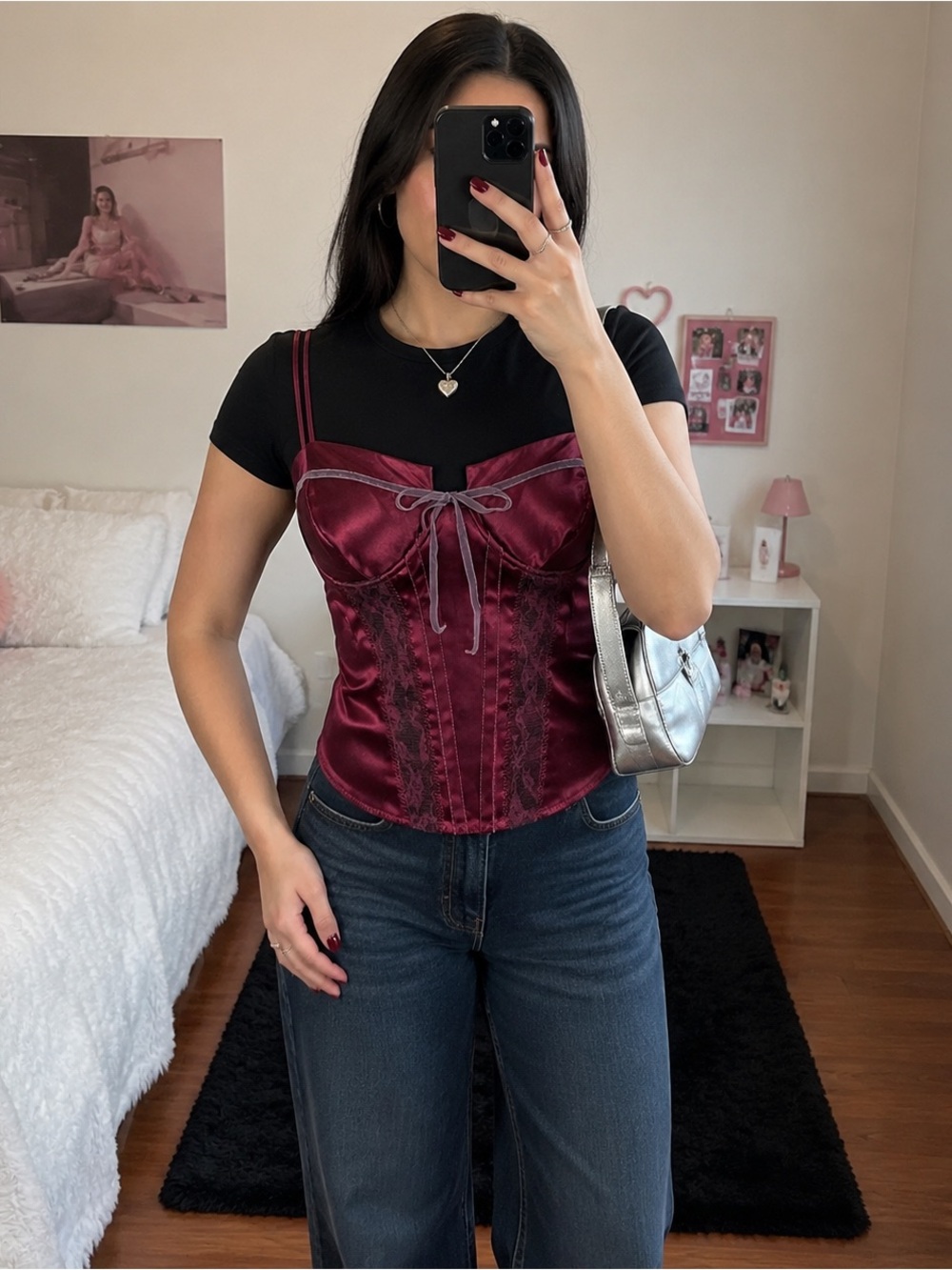 GUESS Vintage Satin Corset Bustier Top Y2K Lace Panel Detail Deep Plum Whimsy M - Picture 6 of 6